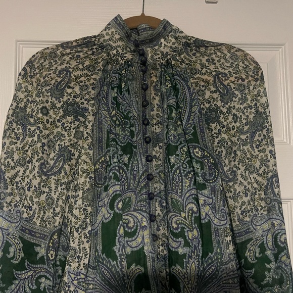 ZIMMERMANN OTTIE LINEN BILLOW BLOUSE GREEN PAISLEY - Picture 6 of 14